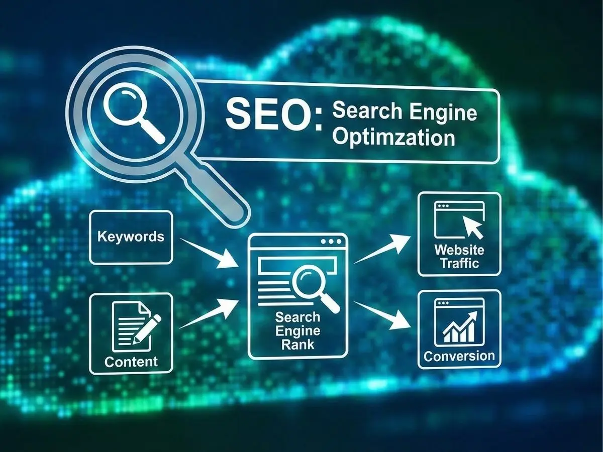 SEO services in Kochi improving search engine rankings with keyword optimization, content strategy, increased website traffic, and higher conversions shown visually.